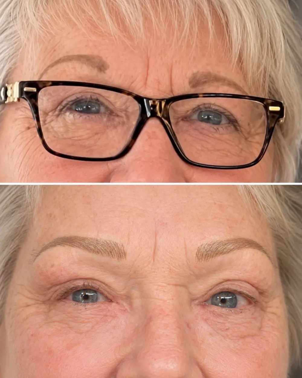 Two frames of the same client, faded brows in one and defined brows in the other.