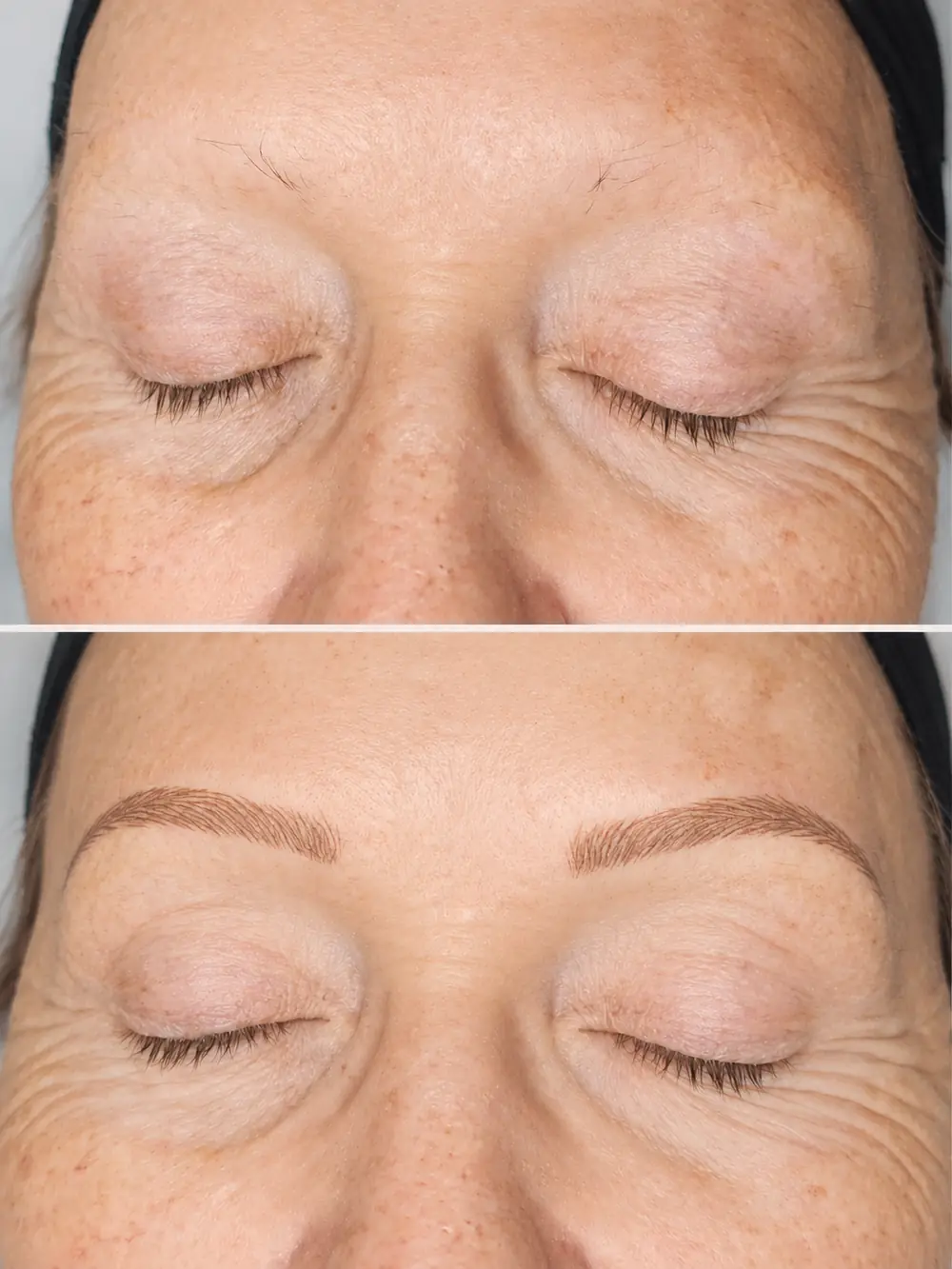 Two frames of the same client, sparse natural brows in one and defined brows in the other.
