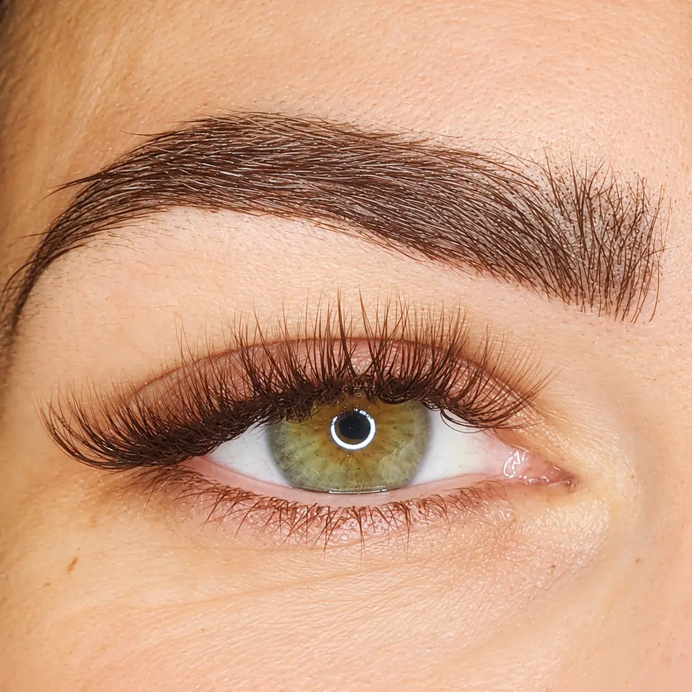 Close up of one client's eye, showing a defined brow and lash extensions.
