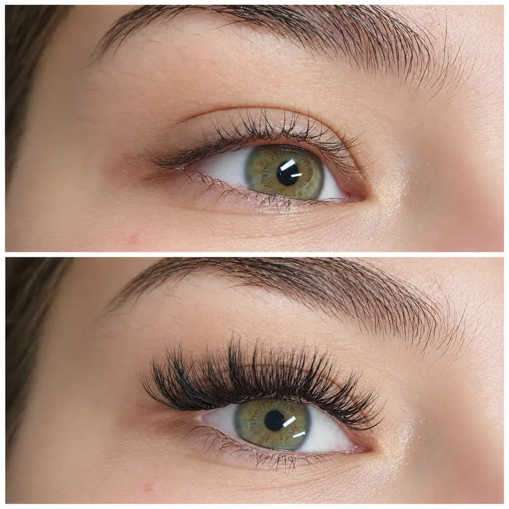 Two frames of the same client's eye, natural lashes above and lash extensions below.
