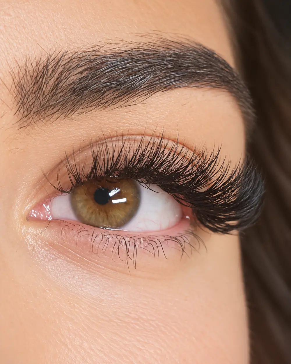 Close up of one client's eye with long lash extensions.