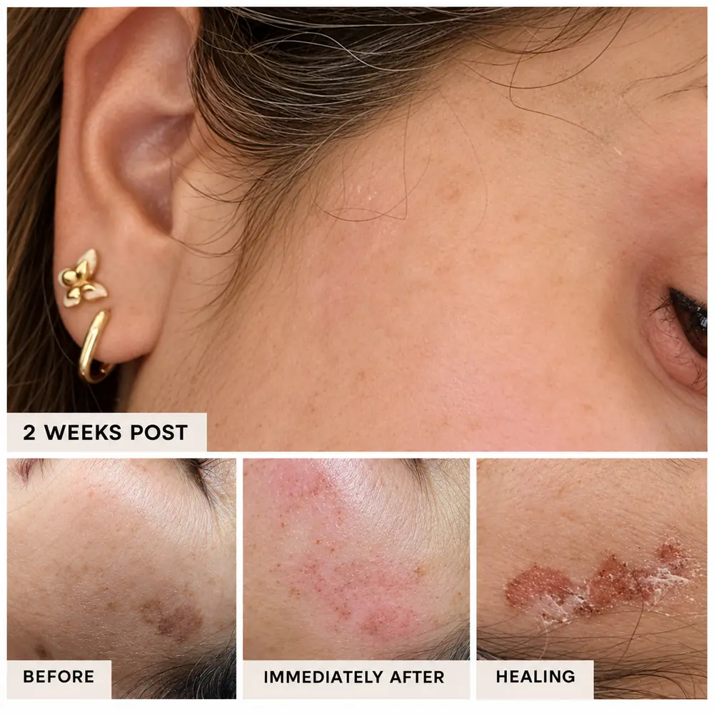 Four frames of the same treated area on one client, captioned before, immediately after, healing, and two weeks post.